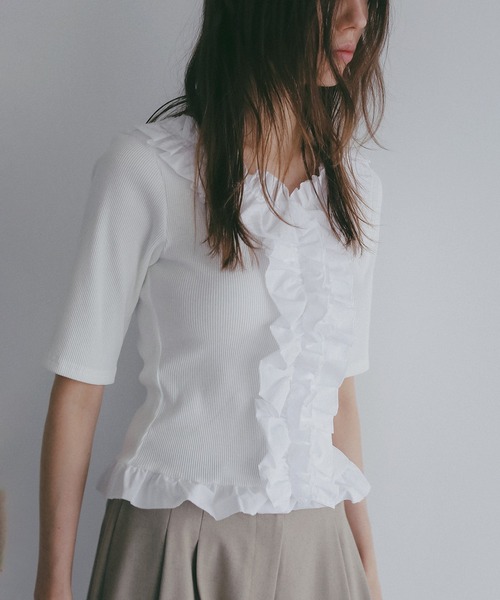 MANOF（マノフ） tシャツ FRILL NECK RIB TOPS レディース : ZOZOTOWN