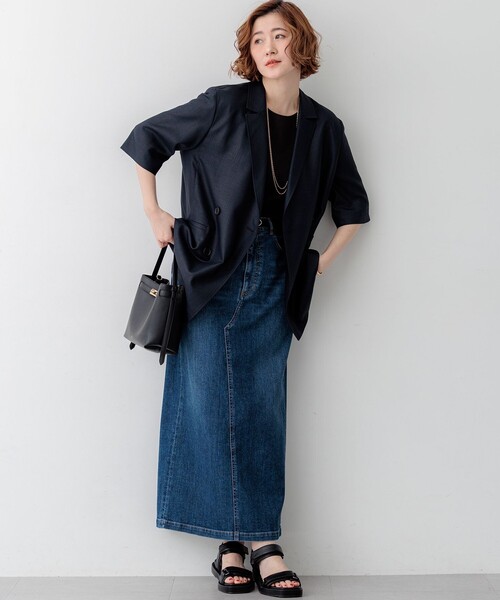 コート アウター リネンライクグロッシー ハーフスリーブ ダブル ジャケット レディースの画像