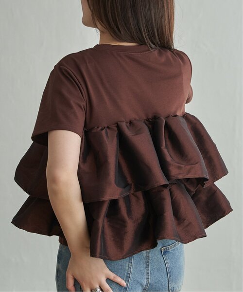 attisession ダークブラウン フリル付き半袖シャツ VENCE EXCHANGE tシャツ 半袖 天竺ナイロンドッキングフリルTシャツ