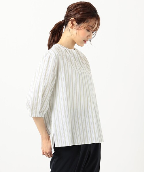 になります┵ シャツ ZOZOTOWN PayPayモール店 - 通販 - PayPayモール ブラウス BEZ コットンリネン ストライプ ブラウス ふんわりと