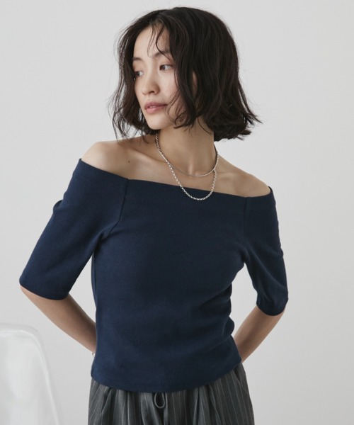 Aunt Marie's tシャツ カップ付きオフショルリブハーフスリーブ