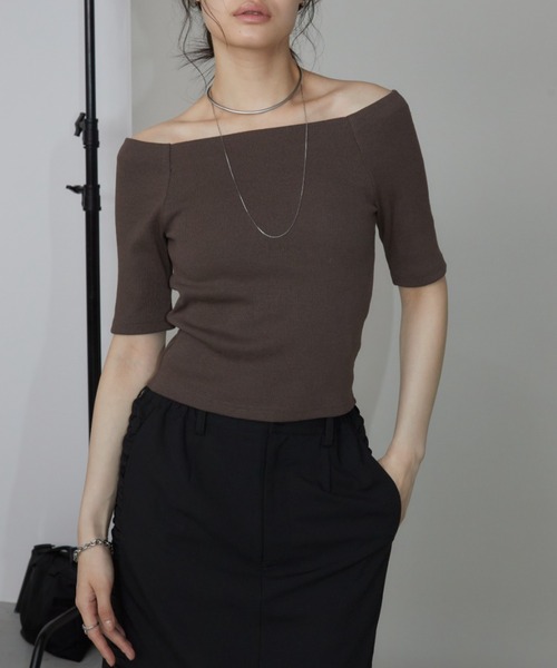 tシャツ ハーフスリーブリブトップス（カップ付き） レディース ハーフスリーブリブトップス(カップ付き)（カットソー/Tシャツ