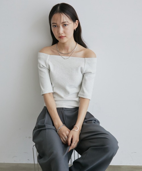 tシャツ ハーフスリーブリブトップス（カップ付き） レディース ハーフスリーブリブトップス(カップ付き)(Tシャツ・カットソー