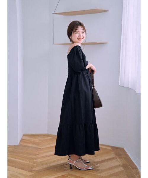 ワンピース 2wayショルダーシャーリングワンピース「低身長