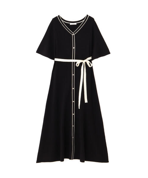 Endin 配色袖 Gold Button A-line Dress ワンピース センターライン ニットワンピース ロング[品番：LGMW0004686