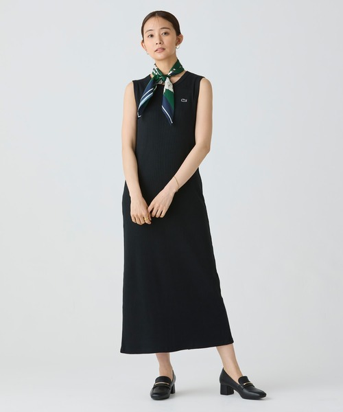 LACOSTE ワンピース ノースリーブ ロングリブニットドレス
