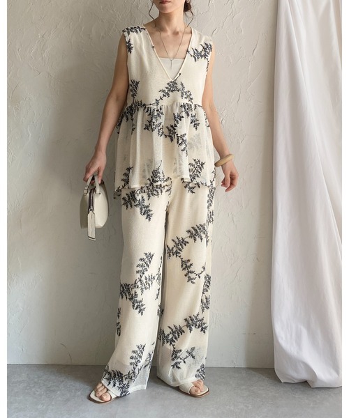 She's Closet セットアップ 花柄ボタニカル刺繍メッシュシアー