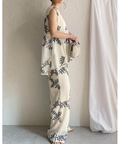 She's Closet セットアップ 花柄ボタニカル刺繍メッシュシアー