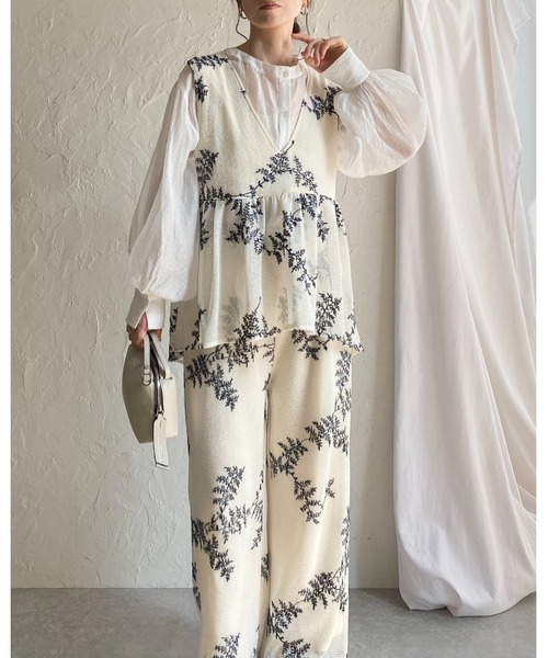 She's Closet セットアップ 花柄ボタニカル刺繍メッシュシアー