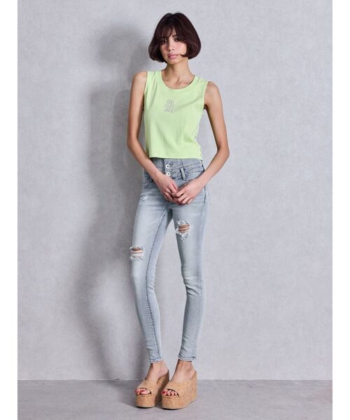 【GYDA】【美品】ハイウエストバッククロスダメージスキニーデニムパンツ XS ハイウエストバッククロスダメージスキニーデニムパンツ（デニム