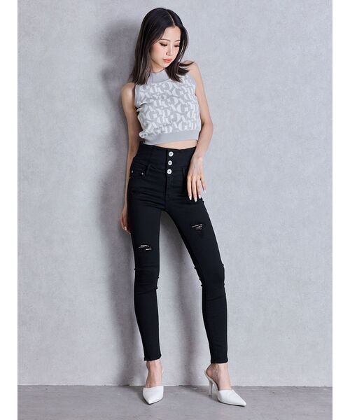 【GYDA】【美品】ハイウエストバッククロスダメージスキニーデニムパンツ XS ハイウエストバッククロスダメージスキニーデニムパンツ（デニム