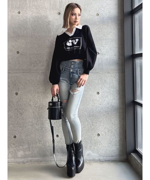 GYDA ハイウエスト バッククロス スキニー デニム パンツ GYDA ハイウエスト バッククロス ダメージ スキニーデニムパンツ