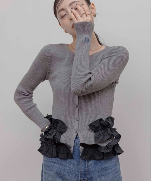 カーディガン ギャザーフリルヘムリブニットカーデ レディース Eimee Law カーディガン ギャザーフリルヘムリブニットカーデ