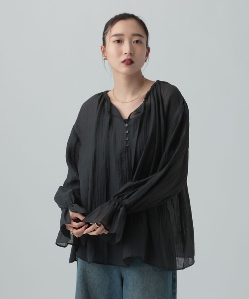EVERYDAY I LIKE. シアーブラウス ブラック黒　ギャザー 長袖 LEPSIM（レプシィム） ブラウス シャツ シアーギャザー長袖ブラウス