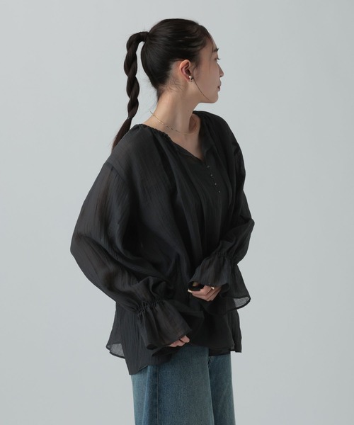 EVERYDAY I LIKE. シアーブラウス ブラック黒　ギャザー 長袖 LEPSIM（レプシィム） ブラウス シャツ シアーギャザー長袖ブラウス