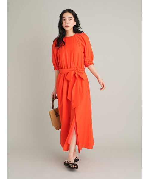 美品✨パラスパレス リネンワンピース チュニック オレンジ 麻 洗える 半袖 Mila Owen（ミラオーウェン） ワンピース 半袖 パフスリーブ
