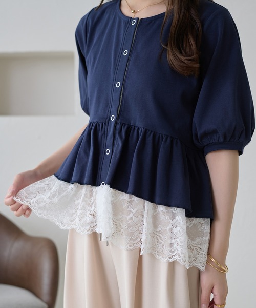 お値下げ！ADOREネイビー レース 半袖トップス ADORE（アドーア
