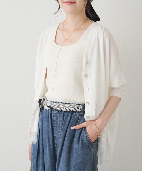 pual ce cin カーディガン 半袖 レースドッキングシアーニット