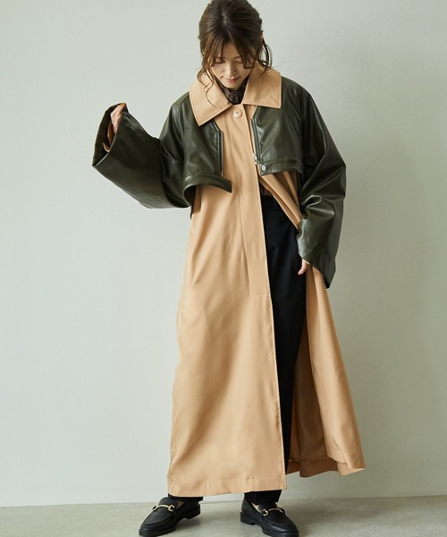 ステンカラーコート 【yun_wearコラボ】フェイクレザーショートブルゾン+フレアロングコートセット