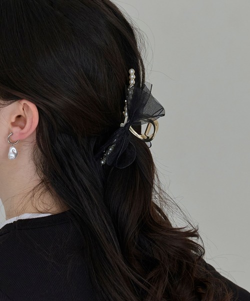 パールつき サテン オーガンジー 重ねリボン ベビーヘアクリップ ヘアピン Phoebe（フィービー） ヘアクリップ 入学式 卒業式 オーガンジーリボン