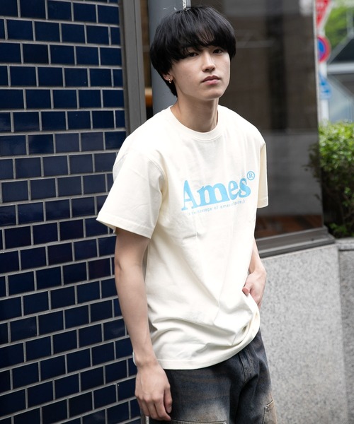 Amesworldwide 水色と白のオーバーサイズTシャツ AMESーWORLDWIDE tシャツ 新色追加「UNISEX」AMES WORLDWIDE