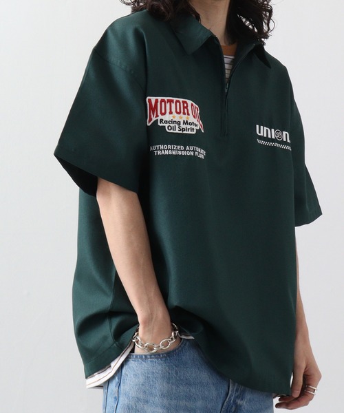 76Lubricants ルーズサイズ ハーフジップ ロゴ刺繍ワッペンシャツ 半袖