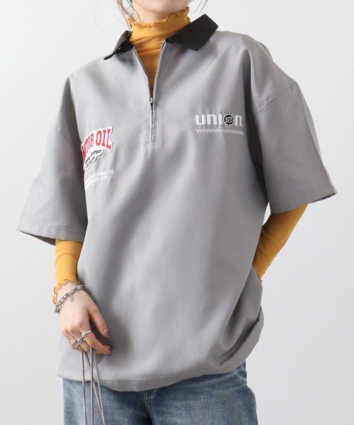 76Lubricants ルーズサイズ ハーフジップ ロゴ刺繍ワッペンシャツ 半袖