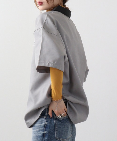 76Lubricants ルーズサイズ ハーフジップ ロゴ刺繍ワッペンシャツ 半袖