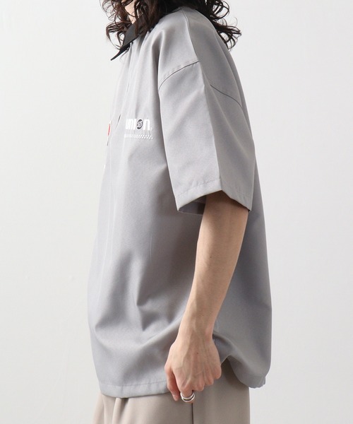 76Lubricants ルーズサイズ ハーフジップ ロゴ刺繍ワッペンシャツ 半袖