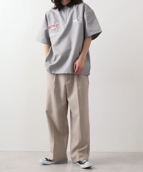 76Lubricants ルーズサイズ ハーフジップ ロゴ刺繍ワッペンシャツ 半袖