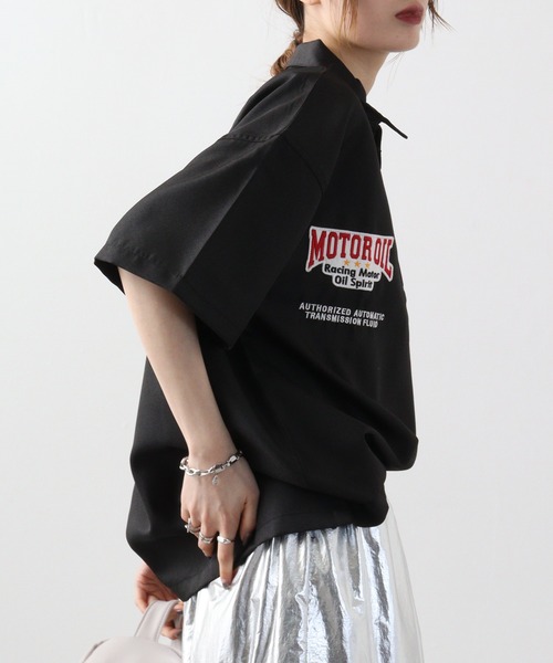 76Lubricants ルーズサイズ ハーフジップ ロゴ刺繍ワッペンシャツ 半袖