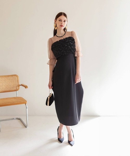 Leja ドレス 「LEJA」フリルチュールパフスリーブ変形ライン