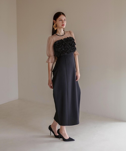 Leja ドレス 「LEJA」フリルチュールパフスリーブ変形ライン