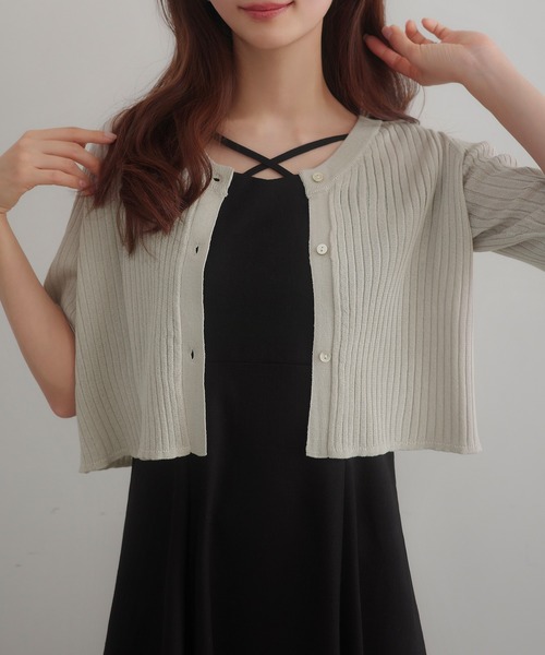 CENEAシアー半袖リブカーディガン＋フレアキャミワンピースグレイッシュベージュ セネア CENEA CENEA シアー半袖リブカーディガン＋リネンフレア