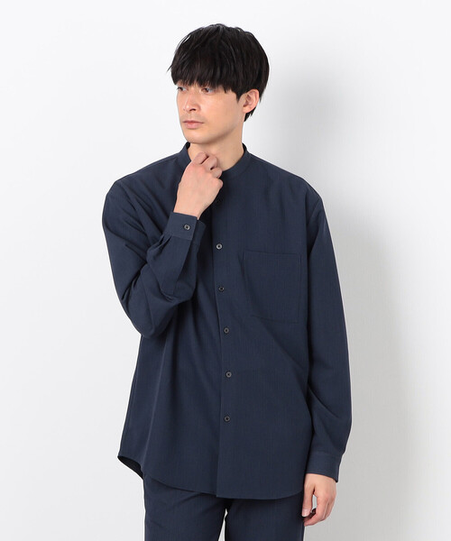 【美品】CABaN ウールシャツ バンドカラー 黒 S COMME CA ISM（コムサイズム） シャツ ウールライク バンドカラー