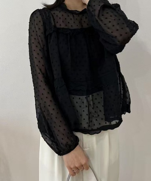 オブリ　OBLI　オーガンジードットフリルブラウス　シアーブラウス　ドット ブラウス シャツ ドットシアーブラウス レディース : ZOZOTOWN Yahoo