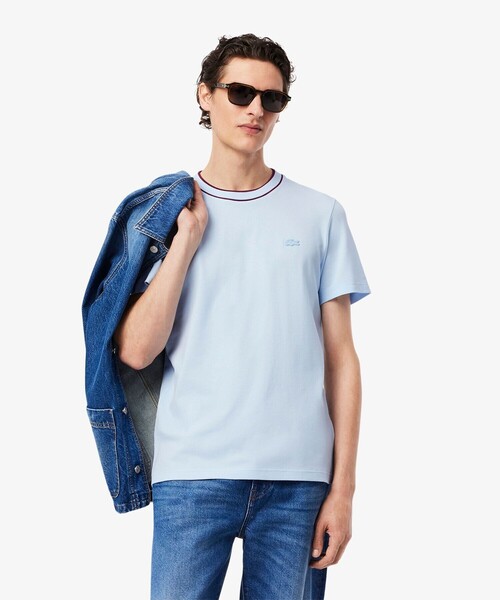 LACOSTE tシャツ 配色ラインドリブネック鹿の子地 半袖Tシャツ
