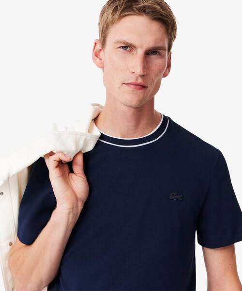 LACOSTE tシャツ 配色ラインドリブネック鹿の子地 半袖Tシャツ