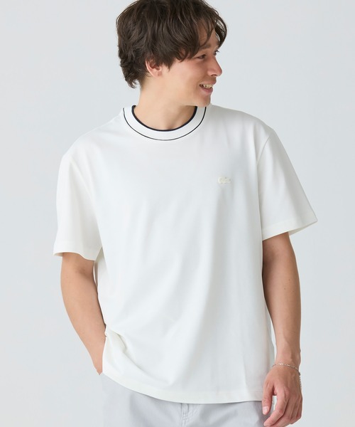 新しい季節 LACOSTE tシャツ 配色ラインドリブネック鹿の子地 半袖Tシャツ トップス