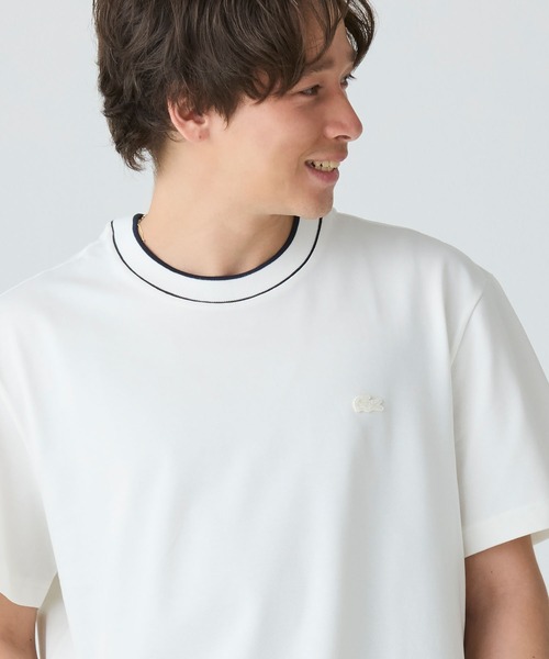 送料関税込み LACOSTE リブネック鹿の子地Tシャツ ホワイト LACOSTE tシャツ 配色ラインドリブネック鹿の子地 半袖Tシャツ