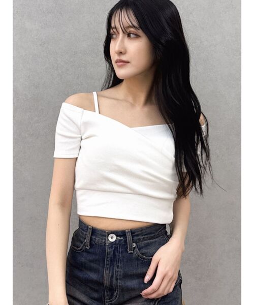 tシャツ ハーフスリーブカシュクールオフショルショートトップス レディース
