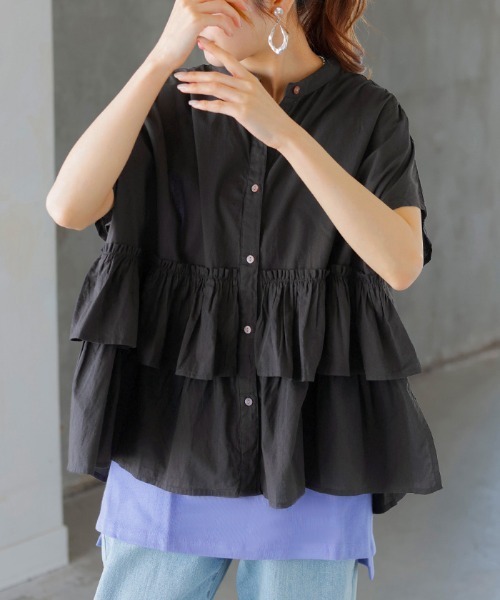 BOWTE バウト フリル 半袖 シャツ ブラウス 日本製 コットン100% HUG.U（ハグユー） ブラウス シャツ 半袖 綿100％ バンドカラーフリル