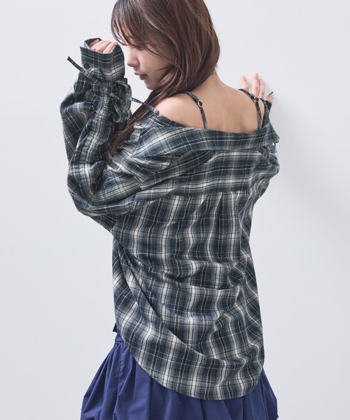 RGRG ブラウス シャツ 「2WAYシャーリングチェックシャツ」オフ