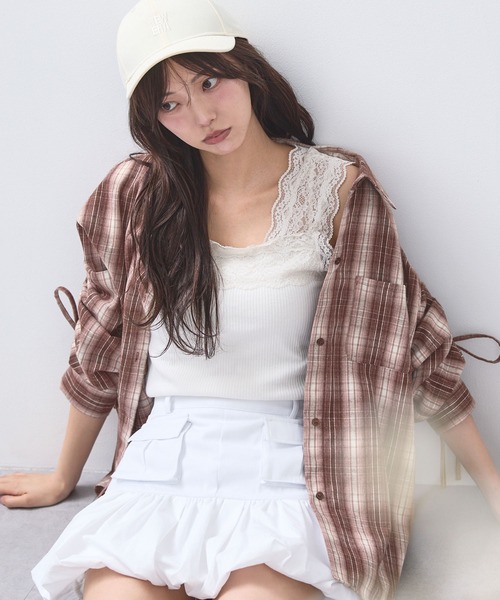 RGRG ブラウス シャツ 「2WAYシャーリングチェックシャツ」オフ