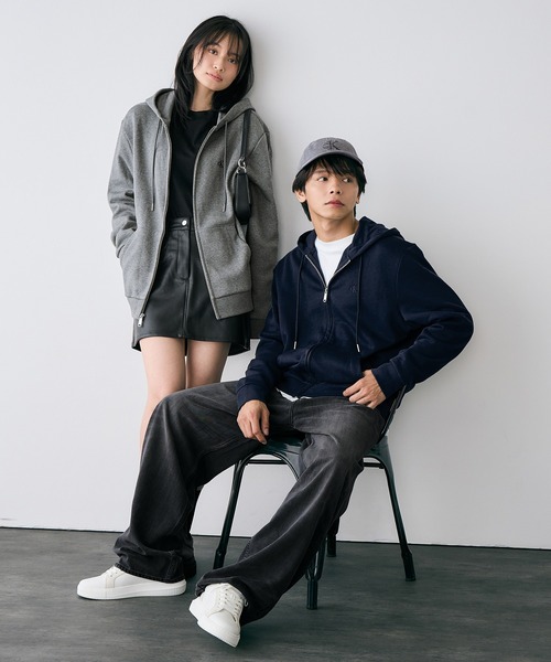 カルバンクライン　CK　ジップ　パーカー　長袖　レザー　ベロア　ロゴ　黒　XL Calvin Klein（カルバン・クライン） パーカー ロングスリーブ