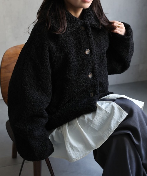 美品 北欧暮らしの道具店 洗えるショート丈コート ブラック ボア ap