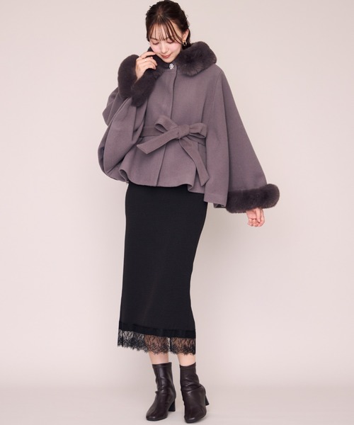 ミッシュマッシュ ポンチョコート ブラック MISCH MASCH（ミッシュマッシュ） ポンチョ ブローチ付きポンチョ