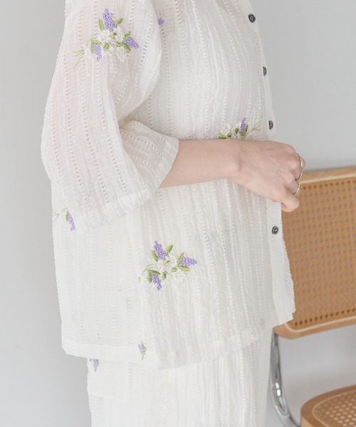 SOTT ブラウス シャツ 半袖 花刺繍スキッパーシャツ レディース