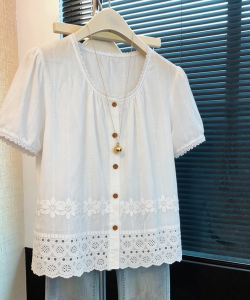ブラウス シャツ 半袖 刺繍ブラウス フロントボタン レース切替