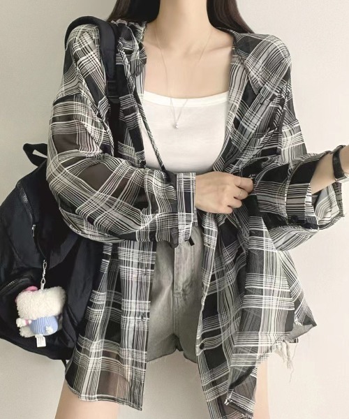パーカー uvカット オーバーサイズチェック柄シアーシャツパーカー